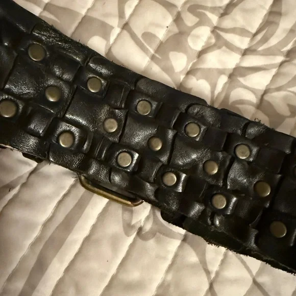 Black Leather Belt with Brass Buckle &Rivets all around